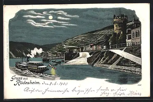 Lithographie Rüdesheim / Rhein, Uferpartie mit Schloss, Fähre