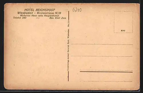AK Wiesbaden, Hotel Reichspost, Nicolasstrasse 16-18