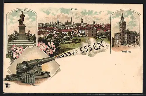 Lithographie Essen, Rathaus, Krupp-Denkmal, Kanone