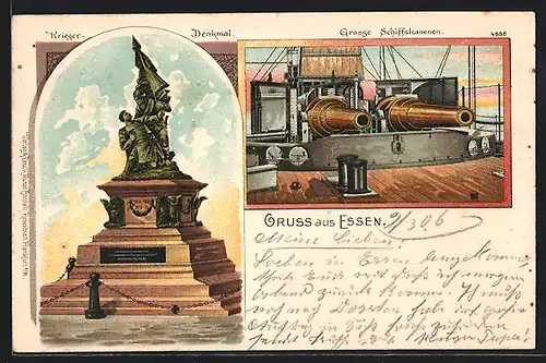 Lithographie Essen / Ruhr, Grosse Schiffskanonen, Krieger-Denkmal