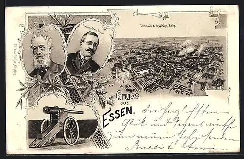 Lithographie Essen, Totalansicht d. Kruppschen Werke, Portrait Alfred & Friedrich Krupp
