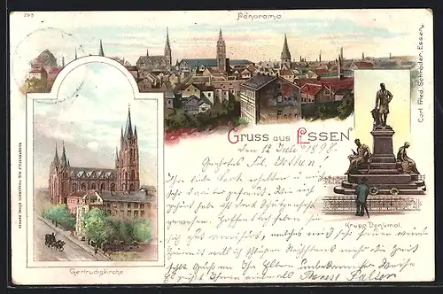 Lithographie Essen, Panorama, Krupp-Denkmal, Gerdrudiskirche