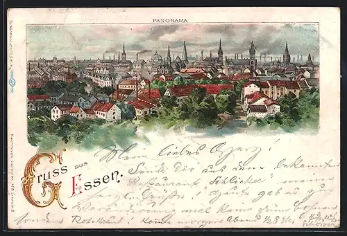 Lithographie Essen / Ruhr, Panorama der Ortschaft