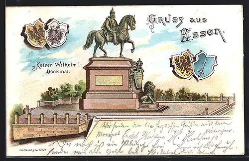 Lithographie Essen / Ruhr, Kaiser Wilhelm I.-Denkmal, Wappen