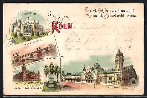 Lithographie Köln, Museum, Bahnhof, Feste Brücke