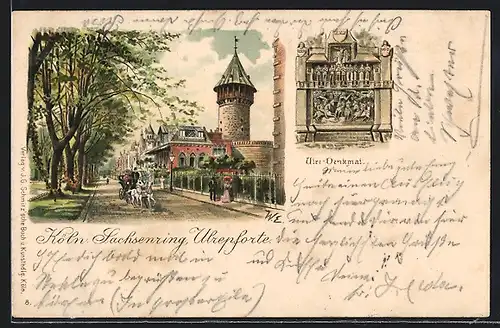 Lithographie Köln-Neustadt, Ulrepforte und Sachsenring, Ulre-Denkmal