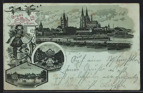 Mondschein-Lithographie Köln a. Rhein, Uferpartie mit Dom, Flora, Volksgarten