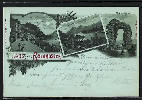 Mondschein-Lithographie Rolandseck, Promenade u. d. Drachenfels, Nonnenwerth u. d. Siebengebirge, Rolandsbogen