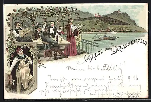Lithographie Drachenfels, Winzer am Fass stehend, Gesamtansicht mit trinkender Gesellschaft auf einer Terrasse