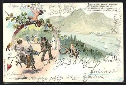 Lithographie Drachenfels, Flusspartie mit Königswinter und Booten