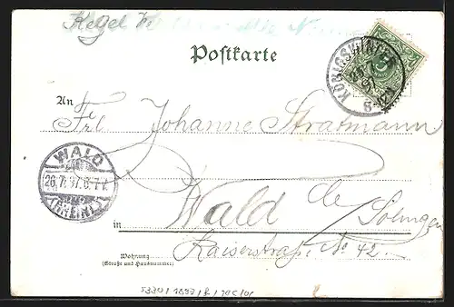 Lithographie Drachenfels, Flusspartie mit Königswinter und Booten