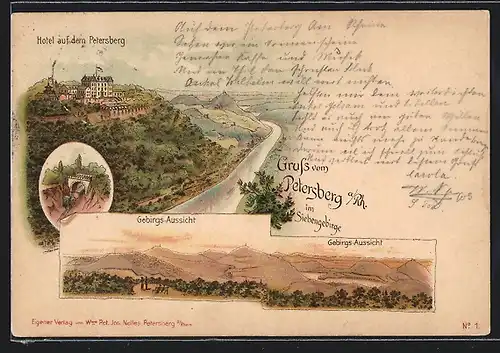 Vorläufer-Lithographie Petersberg a. Rh., 1894, Hotel auf dem Petersberg, Aussicht auf das Siebengebirge, Ortspartie