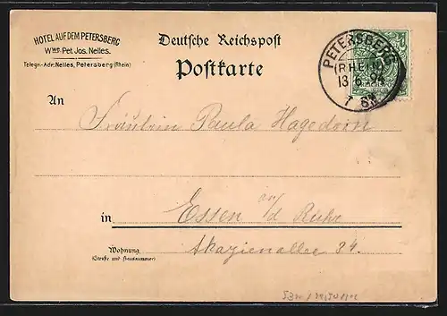 Vorläufer-Lithographie Petersberg a. Rh., 1894, Hotel auf dem Petersberg, Aussicht auf das Siebengebirge, Ortspartie