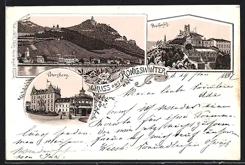 Lithographie Königswinter, Hotel Petersberg, Drachenfels, Blick zum Ort