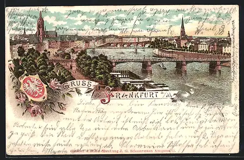 Lithographie Frankfurt a / M., Teilansicht mit Brücke