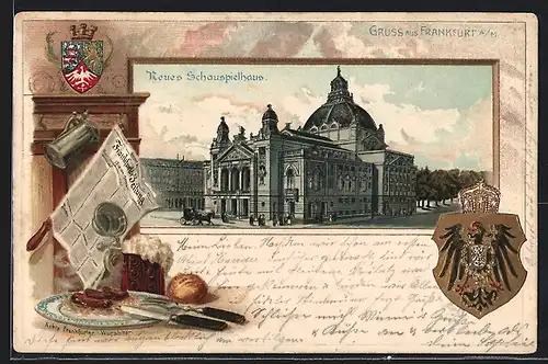 Passepartout-Lithographie Frankfurt /Main, Neues Schauspielhaus, Frankfurter Zeitung, Wappen