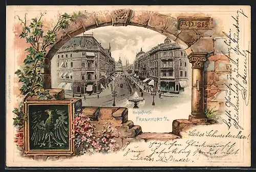 Passepartout-Lithographie Frankfurt, Kaiserstrasse mit Brunnen, Geschäften, Mauerpasspartout mit Rundbogen, Wappen