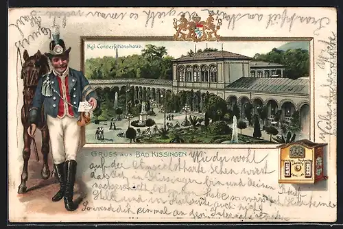 Passepartout-Lithographie Bad Kissingen, Königliches Konversationshaus, Postbote mit Brief und Pferd
