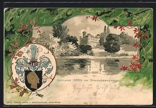 Passepartout-Lithographie Berg / Starnberger See, Schloss, Wappen