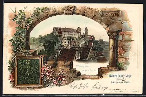 Passepartout-Lithographie Nürnberg, Burg von Süden gesehen, Wappen