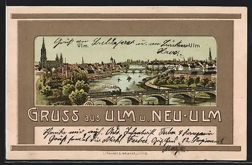 Lithographie Neu-Ulm, Teilansicht mit Kirche