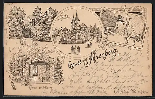Lithographie Arenberg, Christus am Oelberg, Lourdesgrotte, Kirche un Arenberg