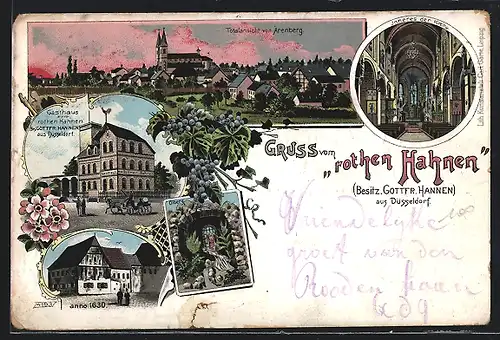 Lithographie Arenberg, Totalansicht, Inneres der Kirche, Gasthaus zum rothen Hahnen, Ölberg