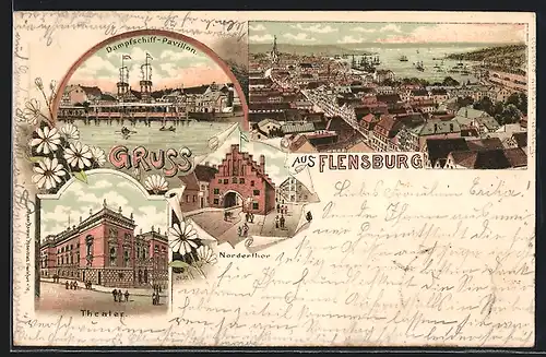 Lithographie Flensburg, Dampfschiff-Pavillon, Theater, Norderthor, Totalansicht aus der Vogelschau