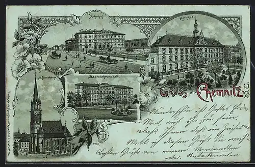 Lithographie Chemnitz, Bahnhof, Rathaus, Staatslehranstalt & St. Nicolaikirche