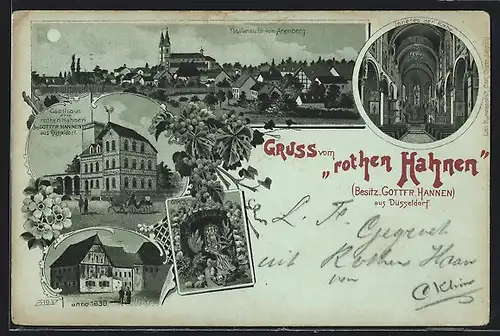 Lithographie Arenberg, Totalansicht, Inneres der Kirche, Gasthaus zum rothen Hahnen, Ölberg