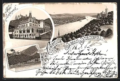 Vorläufer-Lithographie Capellen / Koblenz, 1895, Hotel Lahneck, Schloss-Stolzenfels, Uferpartie
