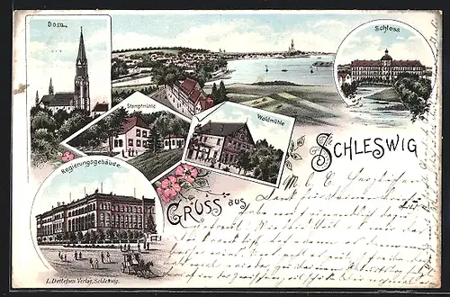 Lithographie Schleswig, Regierungsgebäude, Stampfmühle, Waldmühle