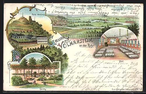 Lithographie Volmarstein / Ruhr, Hotel Wehberg, Garten, Saal, Panorama