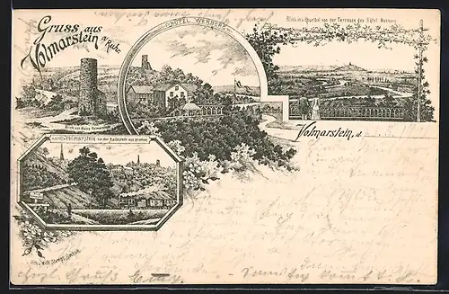 Lithographie Volmarstein a. Ruhr, Hotel Wehberg, Blick in das Ruhrtal, Blick von Ruine Volmarstein