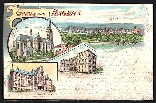 Lithographie Hagen / Westfalen, Neue Kathol. Kirche, Totalansicht, Gewerbeschule, Gymnasium