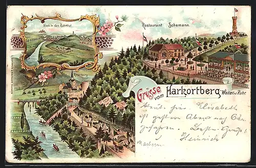 Lithographie Wetter / Ruhr, Harkortberg, Restaurant Schemann, Ritterburg am Fluss, Totalansicht
