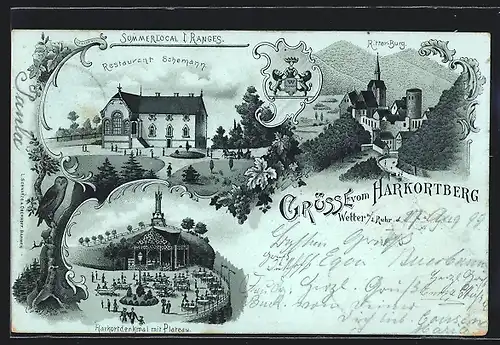 Lithographie Wetter a. d. Ruhr, Restaurant Schemann, Ritter-Burg und Harkortdenkmal mit Plateau