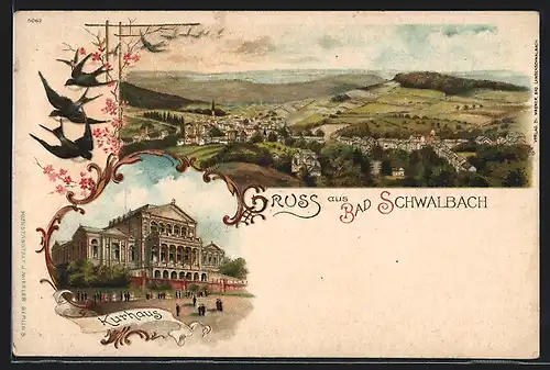 Lithographie Bad Schwalbach, Kurhaus, Ortsansicht aus der Vogelschau