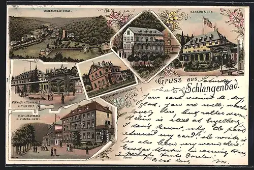 Lithographie Schlangenbad, Totalansicht, Hotel Russischer Kaiser, Eltvillerstrasse mit Victoria-Hotel