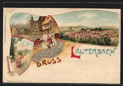 Lithographie Lauterbach / Hessen, Strassenansicht, weinendes Kind auf dem Heimweg, Wappen