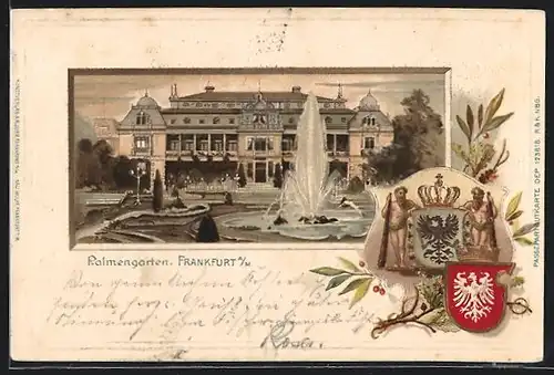 Passepartout-Lithographie Frankfurt-Westend, Brunnenfontäne im Palmengarten, Wappen