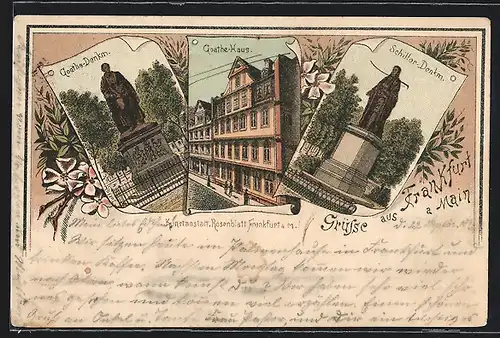Vorläufer-AK Frankfurt a. Main, 1893, Geothe-Haus, Goethe-Denkmal, Schiller-Denkmal