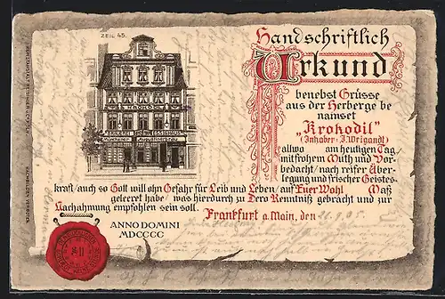 Lithographie Frankfurt a. Main, Gasthaus zum Krokodil, Urkunde mit Siegel