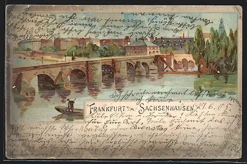 Glitzer-Perl-AK Frankfurt-Sachsenhausen, Panorama mit Mainbrücke