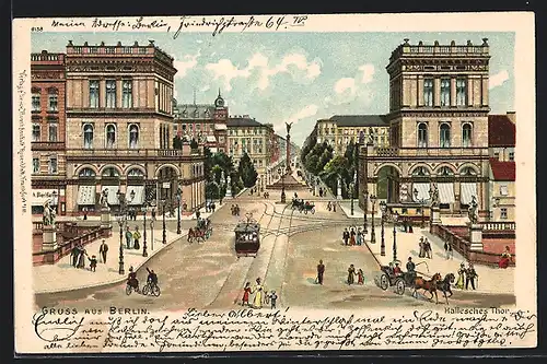 Lithographie Berlin-Kreuzberg, Strassenpartie am Halleschen Thor