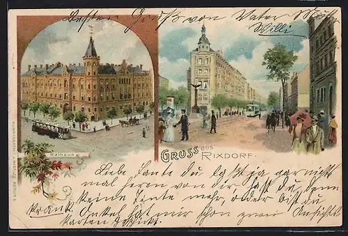 Lithographie Berlin-Rixdorf, Rathaus und Strassenbahn, Strassenpartie