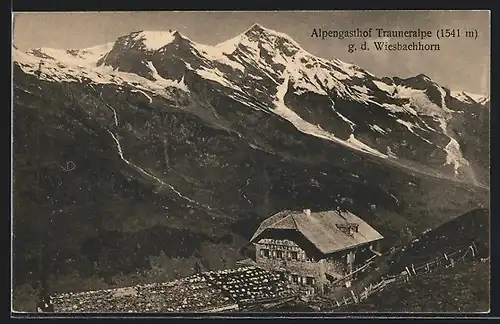 AK Fusch an der Grossglocknerstrasse, Alpengasthof Trauneralpe mit Wiesbachhorn
