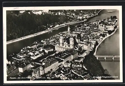 AK Passau, Ortsansicht vom Flugzeug aus