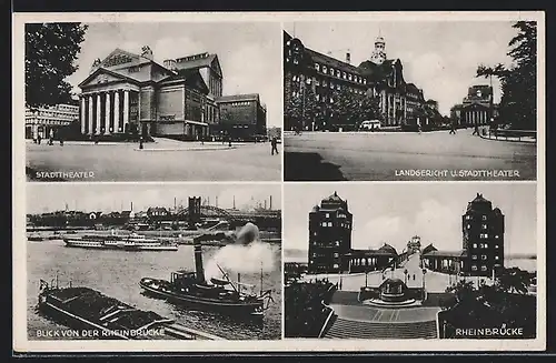 AK Duisburg, Rheinbrücke mit Dampfer, Stadttheater, Landgericht