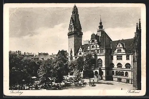 AK Duisburg, Blick auf das Rathaus, Wochenmarkt davor